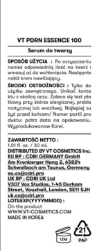 Tył białej etykiety VT PDRN ESSENCE 100 Serum do twarzy z czarnym tekstem, szczegóły użycia i dane dystrybutora.