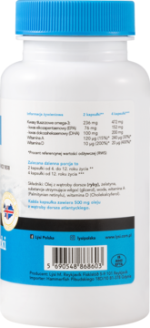 Tył białej butelki Tran Islandzki 500 mg 120 kapsułek z niebieską nakrętką, widoczna tabela wit. A i D.