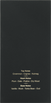 Tył opakowania zapachu. Szczegółowe nuty: cynamon, koniak, śliwka, pralina, wanilia, piżmo, oud.