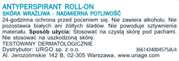 Tył etykiety antyperspirantu roll-on Uriage: dla wrażliwej skóry, nadmierna potliwość, 24h ochrona, bez alkoholu.