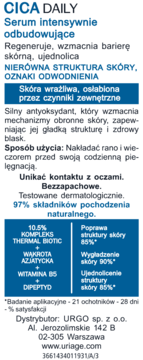 Panel informacyjny serum CICA DAILY. Odbudowujące serum do skóry wrażliwej, opis działania, składniki aktywne.
