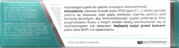 Tył opakowania pasty Opalescence, z listą składników oraz ostrzeżeniami dotyczącymi użycia fluorku sodu.