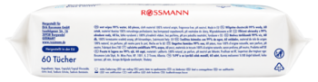 Tył opakowania chusteczek nawilżanych Rossmann, 60 sztuk, białe z czerwonym logo i niebieskim tekstem.