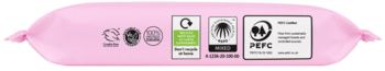 Tył różowego opakowania chusteczek samoopalających z widocznymi zielonymi certyfikatami i logo PEFC.
