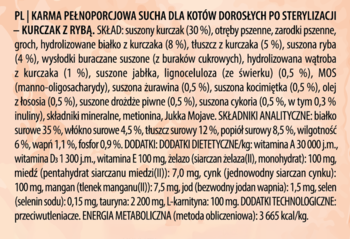 Tył opakowania karmy Pan Mięsko Kocia Uczta Kurczak z Rybą dla kotów sterylizowanych, widoczny skład i analiza.