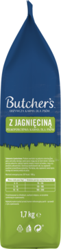Niebiesko-zielone opakowanie karmy Butcher's z jagnięciną 1,7 kg, widoczne odżywcze tabele dla psów.