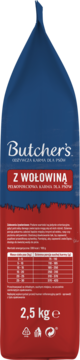Tylna strona czerwono-niebieskiego opakowania karmy dla psów Butcher's z wołowiną, 2,5 kg, z tabelą dawkowania.