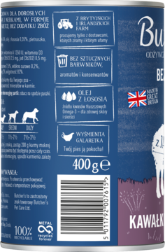 Tył niebieskiej puszki karmy dla psa Butcher's 400g. Kawałki z jagnięciną w galaretce, opis składników, barcode.