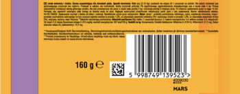 Tył żółto-pomarańczowego opakowania Mars 160g z informacjami o produkcie, kodem kreskowym i logo Mars.