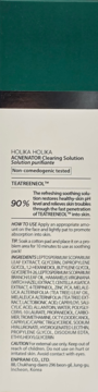 Tył serum Holika Holika Acnenator Clearing Solution, zielono-białe opakowanie ze szczegółową listą składników.