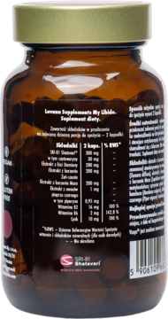 Tył brązowej butelki Levann Supplements My Libido z etykietą, widoczne składniki: Shatavari, Maca, Cynk.