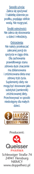 Polska etykieta produktu Doppelherz: instrukcje użycia, ostrzeżenia i dane producenta Queisser Pharma. Tekst niebieski.