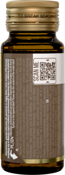 Tył brązowej butelki suplementu z żeń-szeniem i witaminami. Złota zakrętka, etykieta z QR kodem i PL/EN.