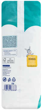 Tył opakowania pieluszek babywelt Rossmann, biało-turkusowe, z logo osiołka i certyfikatem Blauer Engel.