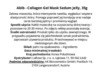 Abib Collagen Gel Mask Sedum Jelly, biała etykieta z czarnym tekstem, opis i sposób użycia maski żelowej.
