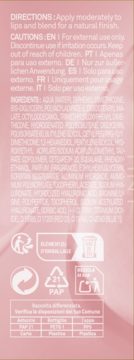 Tył opakowania żelowego tintu. Różowe tło, biały tekst: instrukcje, skład, ostrzeżenia i symbole recyklingu.