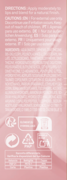 Różowy tył opakowania żelowego tintu, białe napisy ze składnikami, instrukcjami i symbolem recyklingu PAP 21.