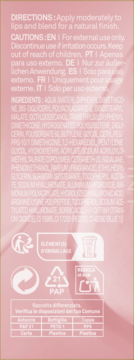 Tył opakowania tintu do ust. Widoczne składniki, ostrzeżenia, instrukcje i symbole recyklingu na różowym tle.