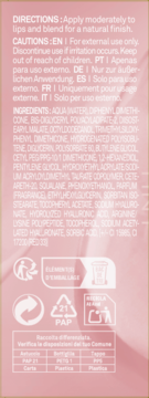 Tylna etykieta różowego tintu do ust, z pełną listą składników, instrukcjami i symbolami recyklingu.