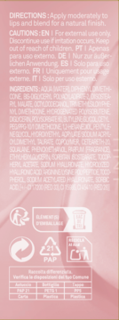Tył różowego opakowania żelowego tintu. Widoczne instrukcje, składniki, wielojęzyczne ostrzeżenia i symbole recyklingu papieru (PAP 21).
