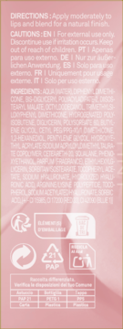 Różowy tył opakowania żelowego tintu z naturalnym połyskiem, biały tekst, instrukcje i symbole recyklingu.