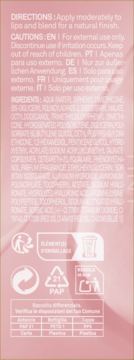 Różowe opakowanie tintu do ust, widok z tyłu ze szczegółową listą składników, instrukcjami i symbolami recyklingu.