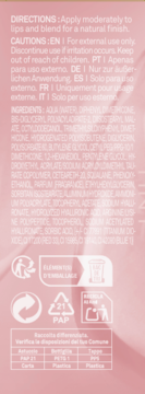 Zbliżenie na tył różowego opakowania kosmetyku, z listą składników i symbolami segregacji odpadów.