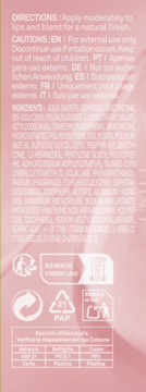 Tył opakowania żelowego tintu na różowym tle, z widocznymi instrukcjami, składem i symbolami recyklingu.