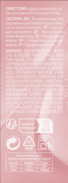 Tył opakowania produktu do ust z tekstem o zastosowaniu, składzie i symbolami recyklingu PAP 21 na różowym tle.