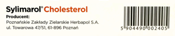 Sylimarol Cholesterol suplement diety, tył opakowania: nazwa producenta Herbapol, adres i kod kreskowy. Jasne tło.