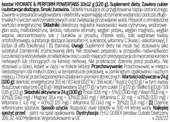 Biała etykieta Isostar Hydrate & Perform Powertabs 120g, suplementu diety z elektrolitami i witaminami, instrukcje.
