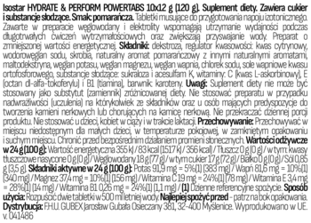 ISOSTAR HYDRATE & PERFORM POWERTABS, pomarańczowe tabletki izotoniczne. Widok na szczegółową etykietę ze składem.