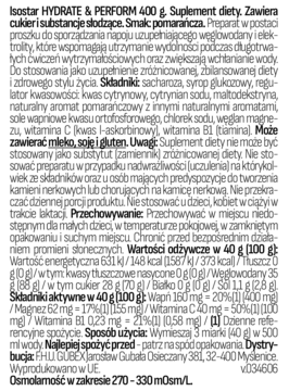 Tył białego opakowania Isostar Hydrate & Perform 400g z tabelą wartości odżywczych i składników.
