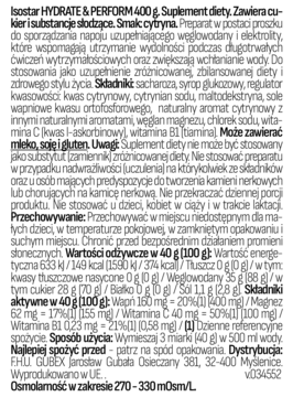 Tylna etykieta Isostar HYDRATE & PERFORM 400g, proszek izotoniczny, z listą składników i wartościami odżywczymi.