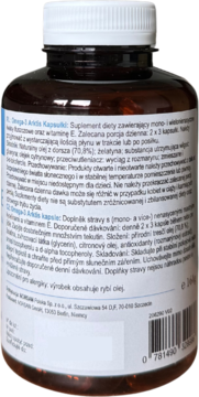 Brązowa butelka suplementu diety Omega-3 Arktis, widok z tyłu z polską etykietą i składem.