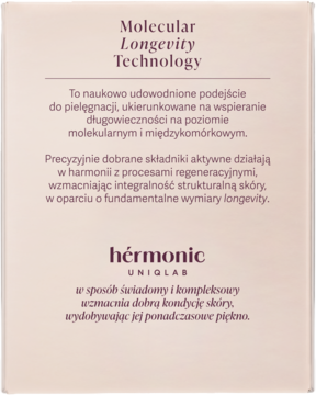Tył pudełka kremu Hermonic UNIGLAB z Molecular Longevity Technology i polskim opisem działania.