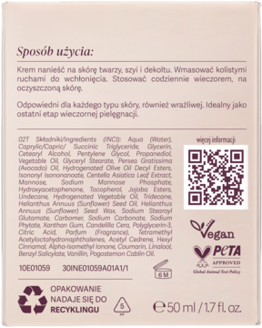 Tył opakowania skoncentrowanego kremu odmładzającego 50ml, widoczny skład, instrukcja użycia i certyfikaty Vegan/PETA.