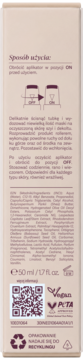 Tył jasnobeżowego opakowania kuracji na szyję 50 ml, instrukcje użycia, lista składników, logo Vegan.