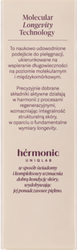 Panel opakowania hérmonic UNIGLAB z opisem Molecular Longevity Technology, tekst bordo na beżowym tle.
