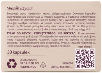 Tył beżowego opakowania z 30 kapsułkami do twarzy. Widoczne instrukcje użycia, składniki i symbole recyklingu.