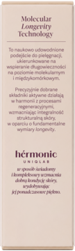 Beżowe opakowanie kosmetyku hérmonic UNIGLAB, widok z przodu, tekst 'Molecular Longevity Technology', opis pielęgnacji skóry.
