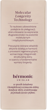 Tył opakowania hérmonic z Molecular Longevity Technology, beżowe tło z ciemnobrązowym tekstem po polsku.