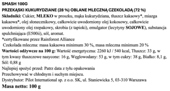 Tył opakowania SMASH 1000, przekąsek kukurydzianych w mlecznej czekoladzie, biała etykieta ze składnikami.