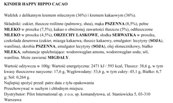 Panel z informacjami o Kinder Happy Hippo Cacao: składniki, wartości odżywcze, waga netto i dane producenta.