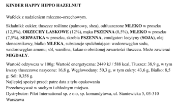 Etykieta składników Kinder Happy Hippo Hazelnut: pełny skład, wartości odżywcze i alergeny. Widok z góry.