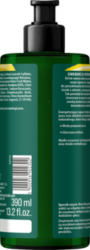 Tył ciemnozielonej butelki mydła w płynie Herbapol Imbirowe Love 390 ml z czarną pompką, widoczny kod kreskowy.
