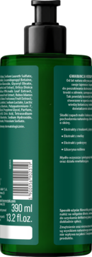 Tył butelki mydła w płynie Herbapol Malina Kokos 390ml, zielona etykieta ze składnikami i opisem.