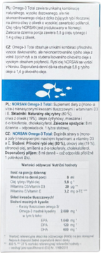 Białe opakowanie suplementu NORSAN Omega-3 Total, tył z czytelną tabelą wartości odżywczych i składem PL/CZ.