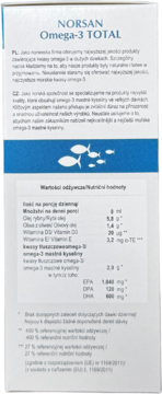 Tył opakowania NORSAN Omega-3 TOTAL. Biała etykieta z niebieskim paskiem, tekst PL/CZ, tabela wartości odżywczych.