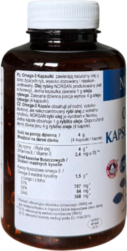 Ciemnobrązowa butelka NORSAN Omega-3 Kapsułki, boczny widok z etykietą i szczegółowym opisem składu oleju rybiego.